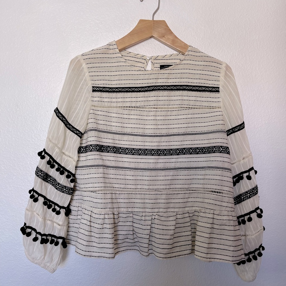 ZARA blouse ivory with black embroidery and pompoms